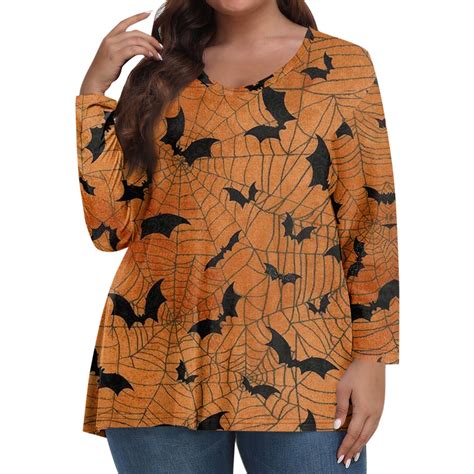 Halloween Shirts For Women Plus Size Pumpkin Bats Graphic Tunic Long