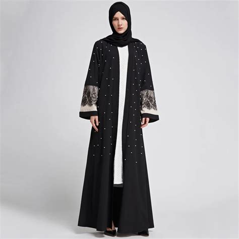 Dubai 2018 Pearl Lace Cardigan Abaya Muslim Dress Kaftan Islamic Dress