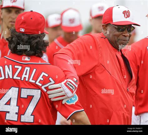 Washington Nationals Manager Dusty Baker Greets Starting Pitcher Gio