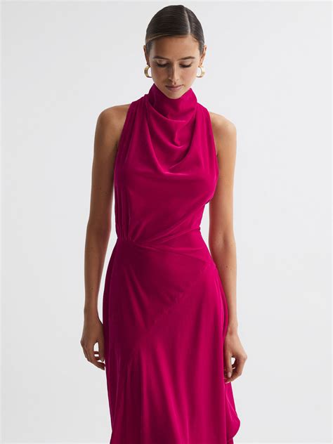 Velvet Funnel Neck Asymmetric Midi Dress In Pink Reiss