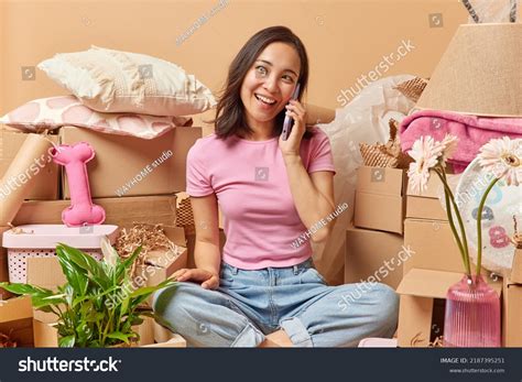 Happy Brunette Asian Woman Has Telephone Stock Photo Shutterstock