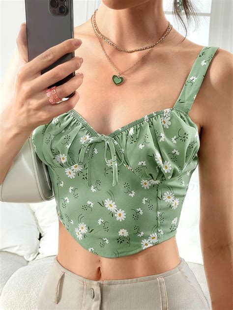 Shein Ditsy Floral Print Tie Front Crop Cami Top Green Corset Cami