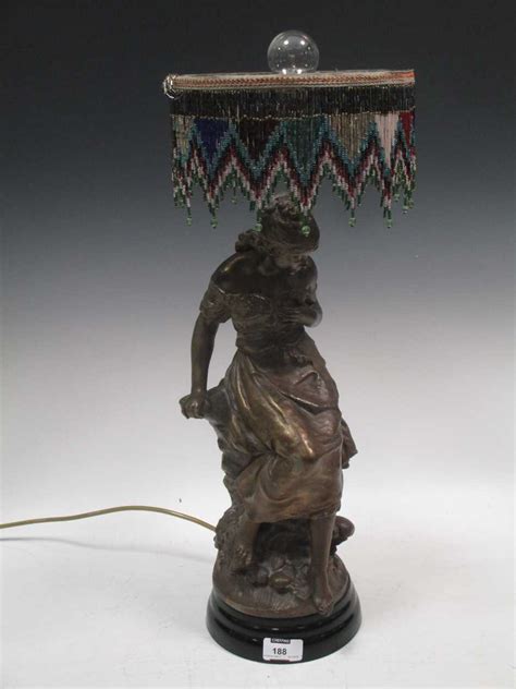 After Auguste Moreau A Bronzed Spelter Figural Table Lamp With Bead Work Shade In Cheffins