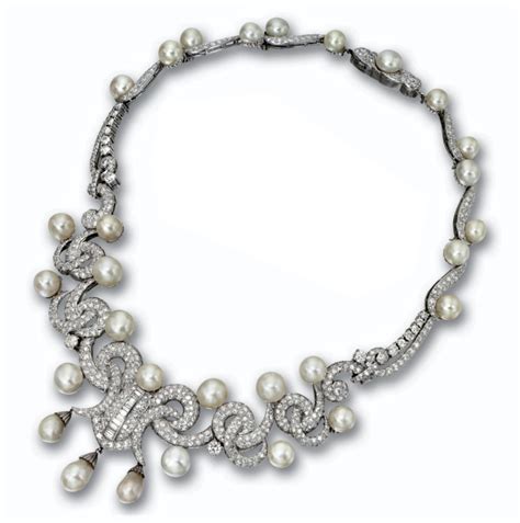 Natural Pearl And Diamond Necklace Circa 1950sold