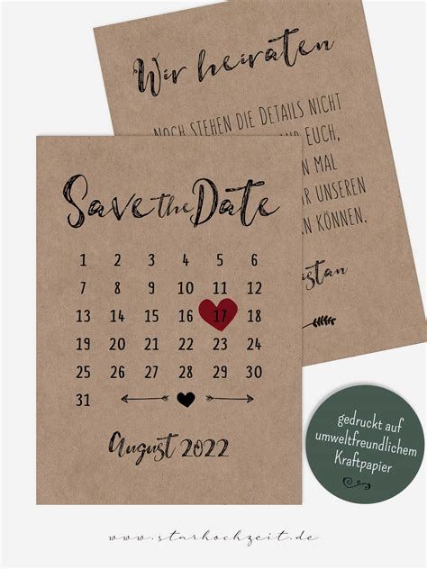 Save The Date Karten Kraftpapier Kalender Herz