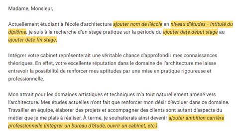 Lettre de motivation stage architecte exemple et modèle à télécharger