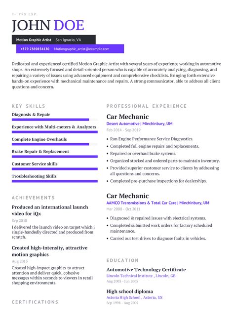 Motion Graphic Artist Resume Example With Content Sample | CraftmyCV