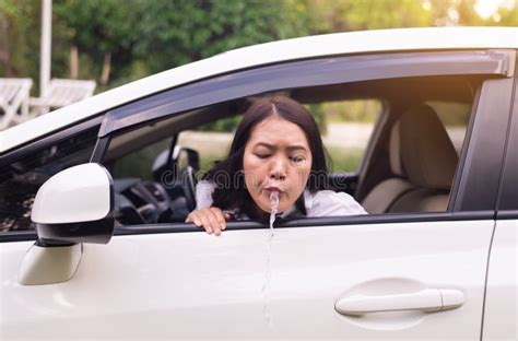 Woman Puke Or Vomiting On Window In Car Car Sick And Motion Sickness