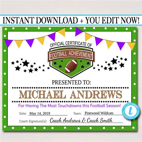 Editable Football Award Certificates Instant Download Team Etsy