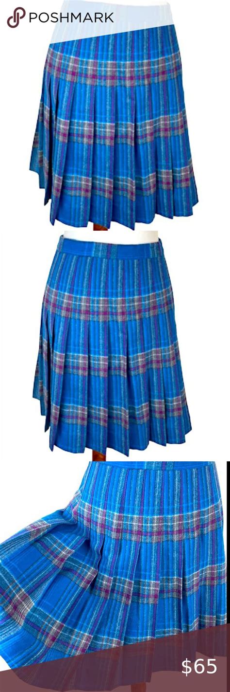 Vintage Pendleton Virgin Wool Blue Purple Gray Plaid Pleated Skirt Tag