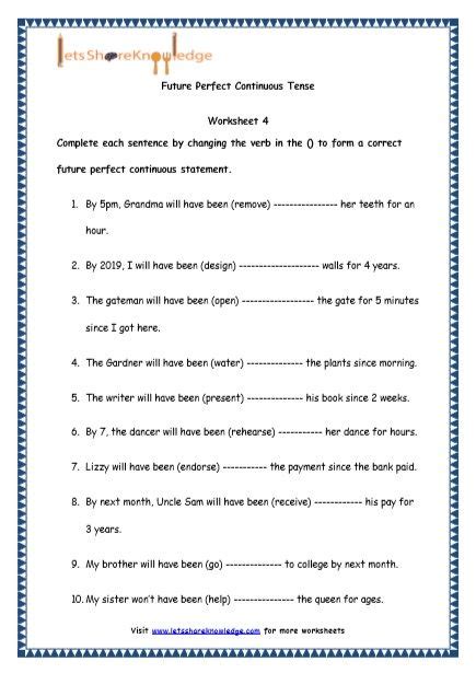 Grade 4 English Resources Printable Worksheets Topic Future Perfect Continuous Tenses Common