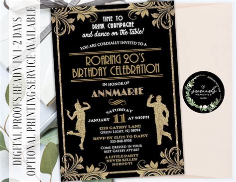 Roaring 20s Birthday Invitation Great Gatsby Birthday Etsy