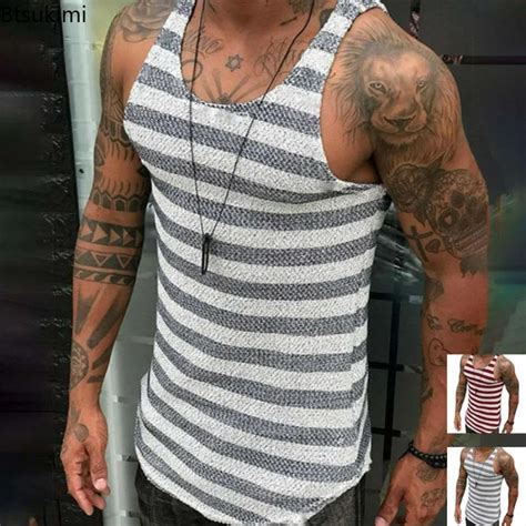 Camiseta Sin Mangas Informal Para Hombre Ropa Sexy A Rayas Chaleco