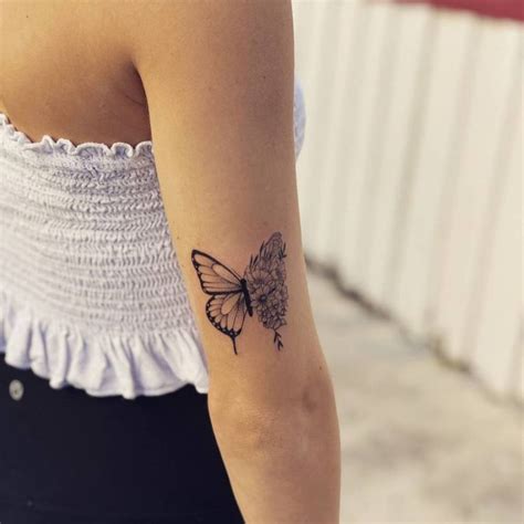 Fine Line Half Butterfly Half Flower Tattoo On The Flower Thigh Tattoos Tiny Tattoos For