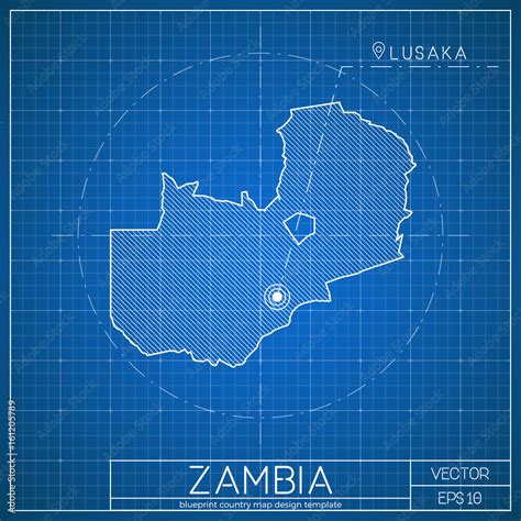 Zambia Blueprint Map Template With Capital City Lusaka Marked On