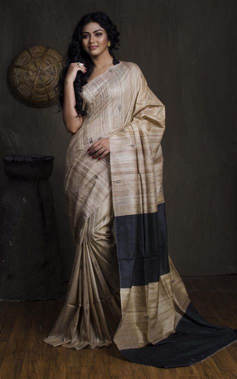 Gicha Tussar Saree In Beige And Black Tussar Silk Saree Saree Silk