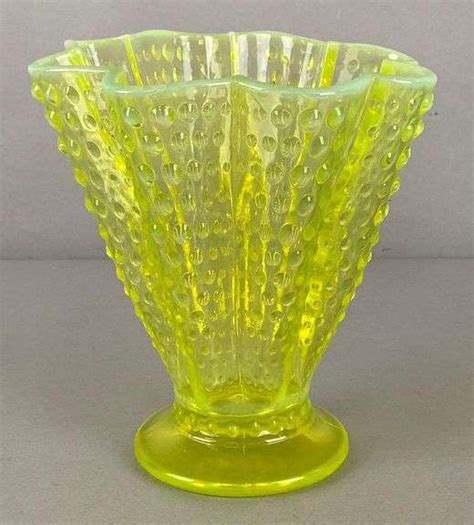 Fenton Yellow Opalescent Hobnail Vaseline Art Glass Vase Matthew Bullock Auctioneers