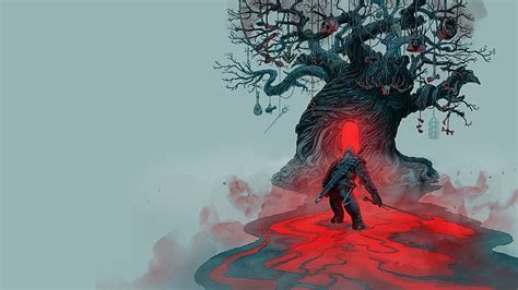 Hd Wallpaper Red And Black Tree Illustration Digital Art Nature