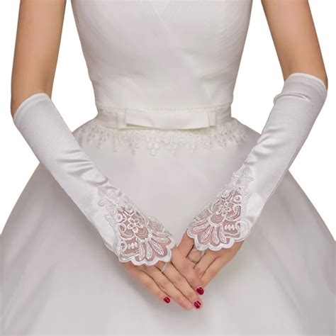 Women Fingerless Bridal Long Gloves Lace Trim Wedding Party Elbow Length Elegant In Bridal