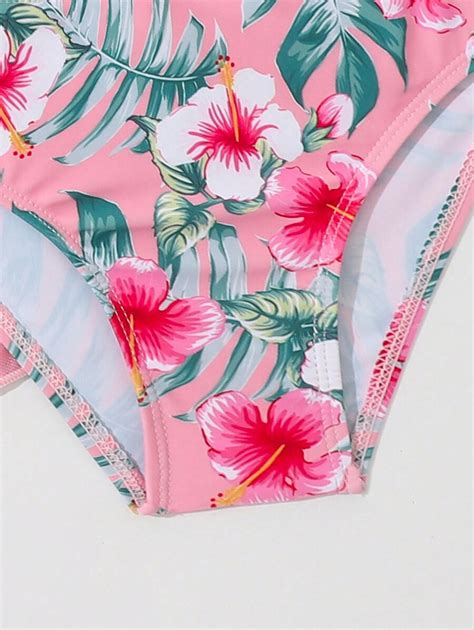 Conjunto de piezas de bikini para niña pequeña estampado aleatorio con borde con volantes y