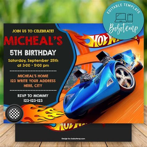 Editable Hot Wheels Birthday Invitations Instant Download Bobotemp