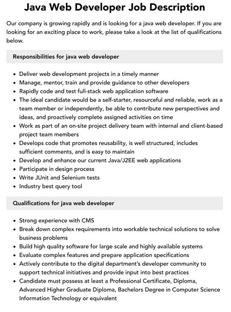 Java Web Developer Job Description Velvet Jobs