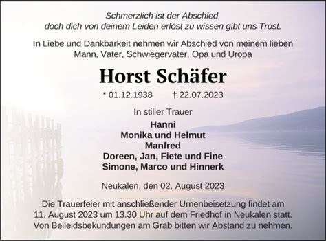 Traueranzeigen von Horst Schäfer Trauer Nordkurier