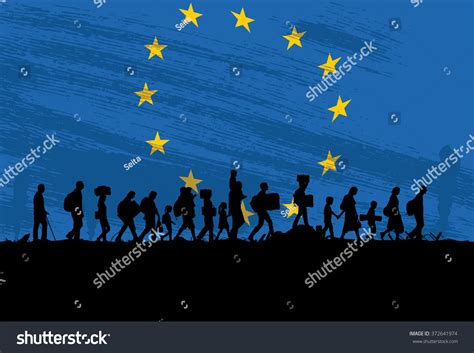 Silhouette Group Refugees Walking Flag Europe Stock Vector Royalty Free 372641974