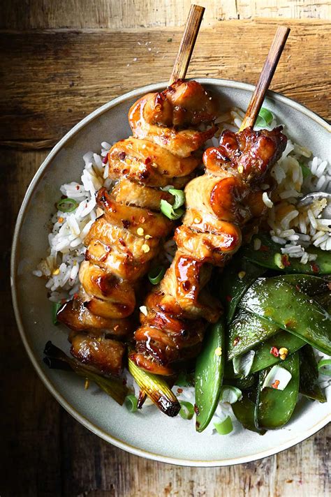 Sticky Chicken Skewer Rice Bowls Serving Dumplings