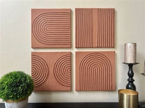 Set Of 4 Terra Cotta Texture Art Tiles Boho Home Decor Textured Wall