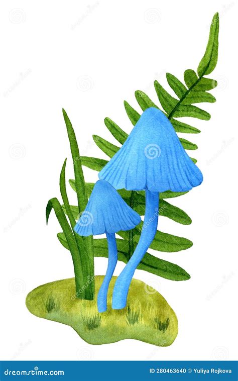 Two Blue Mushrooms Growing Side By Side In Moss With Grass And Ferns