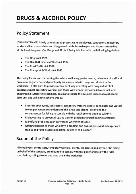 Drug Free Workplace Policy Template Of Drugs Alcohol Policy Template