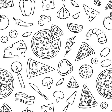 Hand Drawn Seamless Pattern Of Pizza Doodle Different Slices Of Pizza