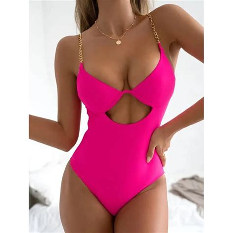 Female Monokinis Swimsuits With Chain Shoulder Strap Padded Backless