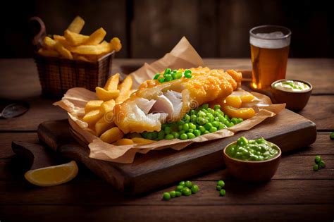 Fish And Chips Traditional British Pub Food Served On Wooden Board