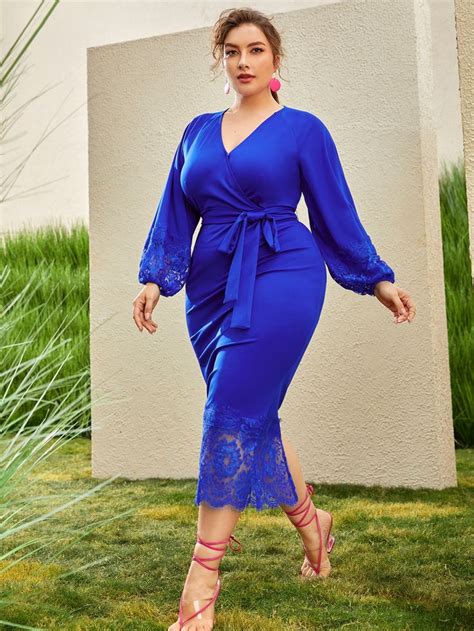 Shein Plus Lantern Sleeve Lace Trim Belted Dress Royal Blue Dress Outfit Blue Plus Size