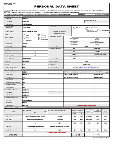 Excel File Csc Personal Data Sheet Pds 2017 Pdf