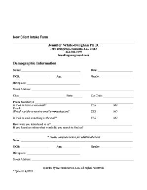 Fillable Online Intake Form Each Adult And Over Please Complete