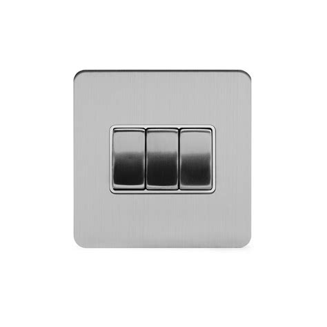 Soho Lighting Brushed Chrome Flat Plate 10a 3 Gang 2 Way Switch Wht Ins Screwless Elesi