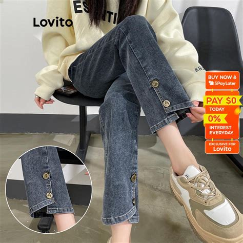 Lovito Casual Plain Button Pocket Zipper Vintage High Waist Jeans For