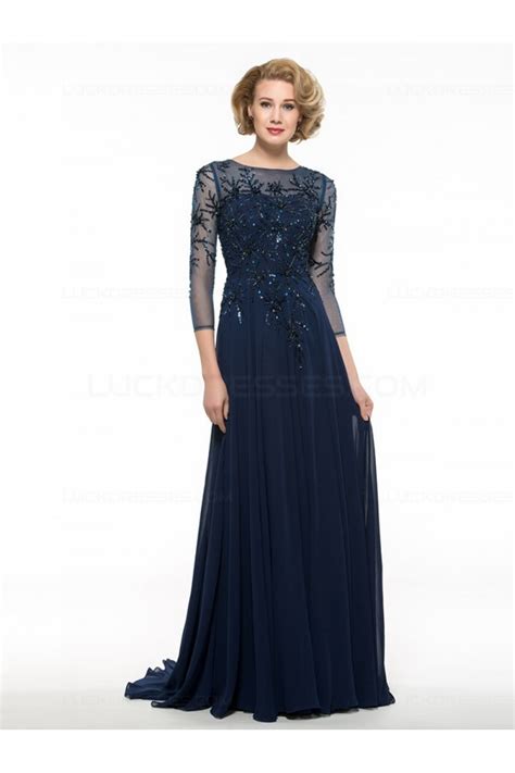 Long Navy Blue 34 Length Sleeves Beaded Chiffon Mother Of The Bride Dresses 3040002