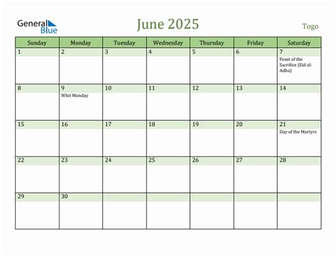 June 2025 Calendar with Togo Holidays