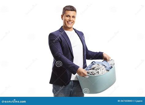 Smiling Young Man Holding A Laundry Basket Stock Image Image Of Happy