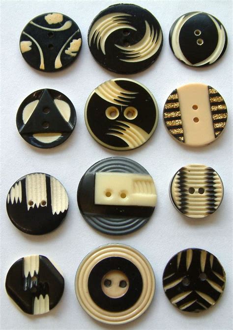 Vintage Art Deco Black Ivory Coloured Carved Celluloid Buttons