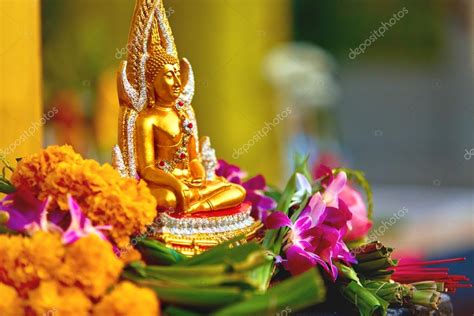 Religion Buddha Statue With Flowers At Temple Thailand Buddhi