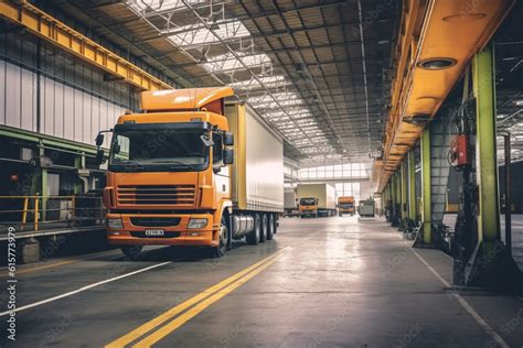 Loading Dock Area With Trucks Being Loaded And Unloaded In A Factory