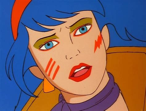 An Animated Image Of A Woman With Blue Hair And Orange Lipstick On Her Face Looking At The Camera