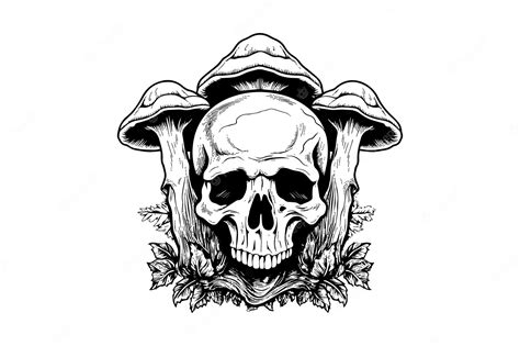 Premium Vector Human Skull With Mushrooms In Woodcut Style Vector