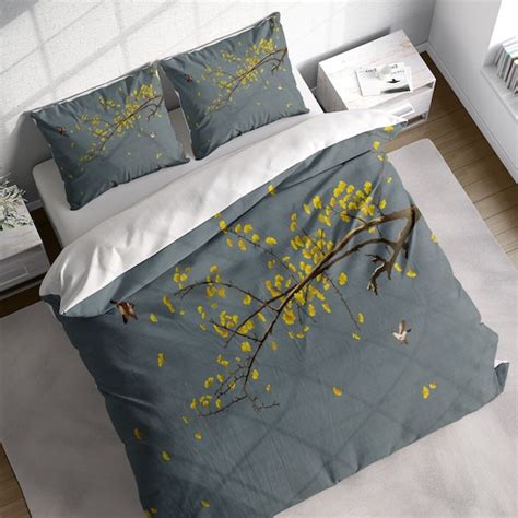 Japanese Yellow Ginkgo Tree Leaves Duvet Cover Set Botanical Bedding