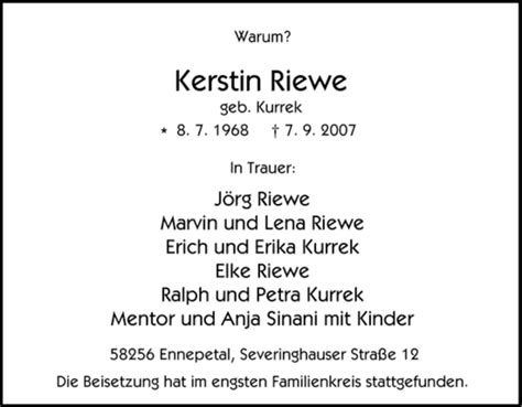 Trauer Und Todesanzeigen Von Kerstin Riewe Trauer De